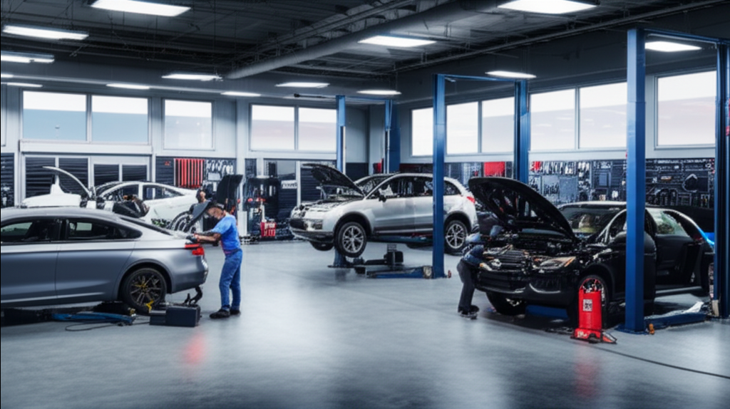 Modern auto repair shop with mechanics working